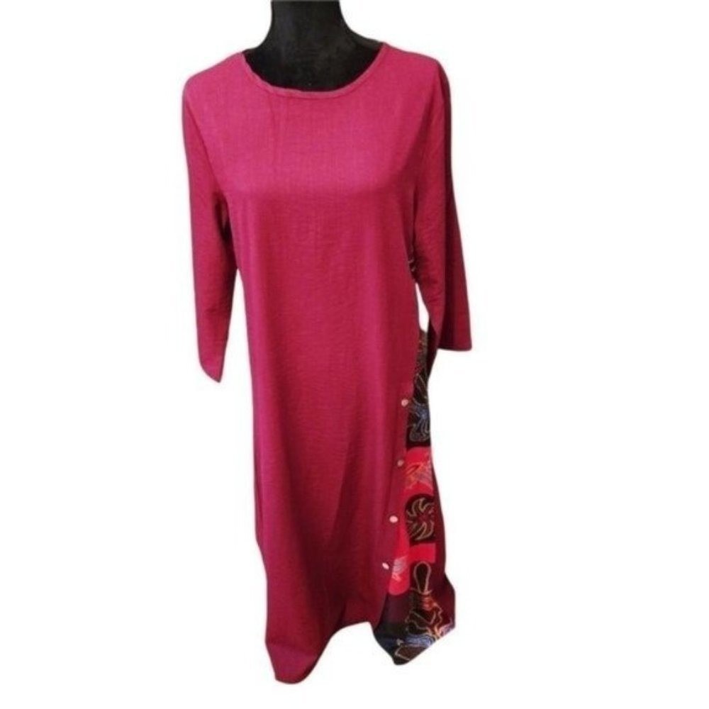 Womens Long Sleeve Maxi Dress Geometric Print Side Panel Buttons Burgundy - Picture 2 of 11